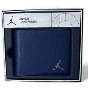Jordan Brand Jumpman Silver Ingot Logo Midnight Navy Leather Bifold Wallet Men’s